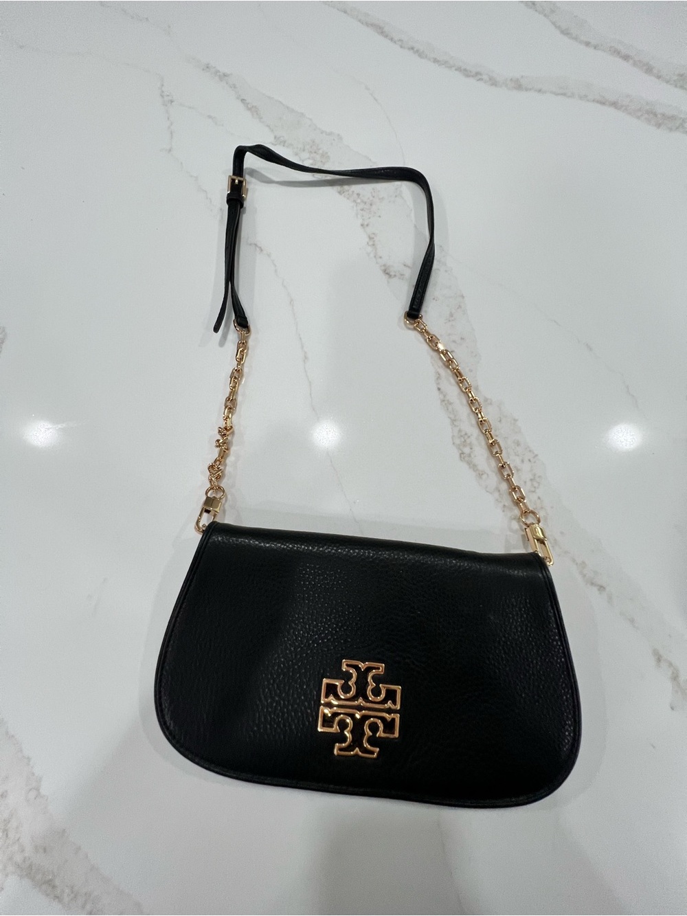 Tory Burch Black Leather Shoulder Bag with Gold Chain Logo